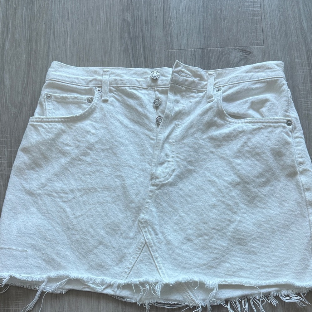 Agolde White Denim Mini Skirt with Frayed Hem